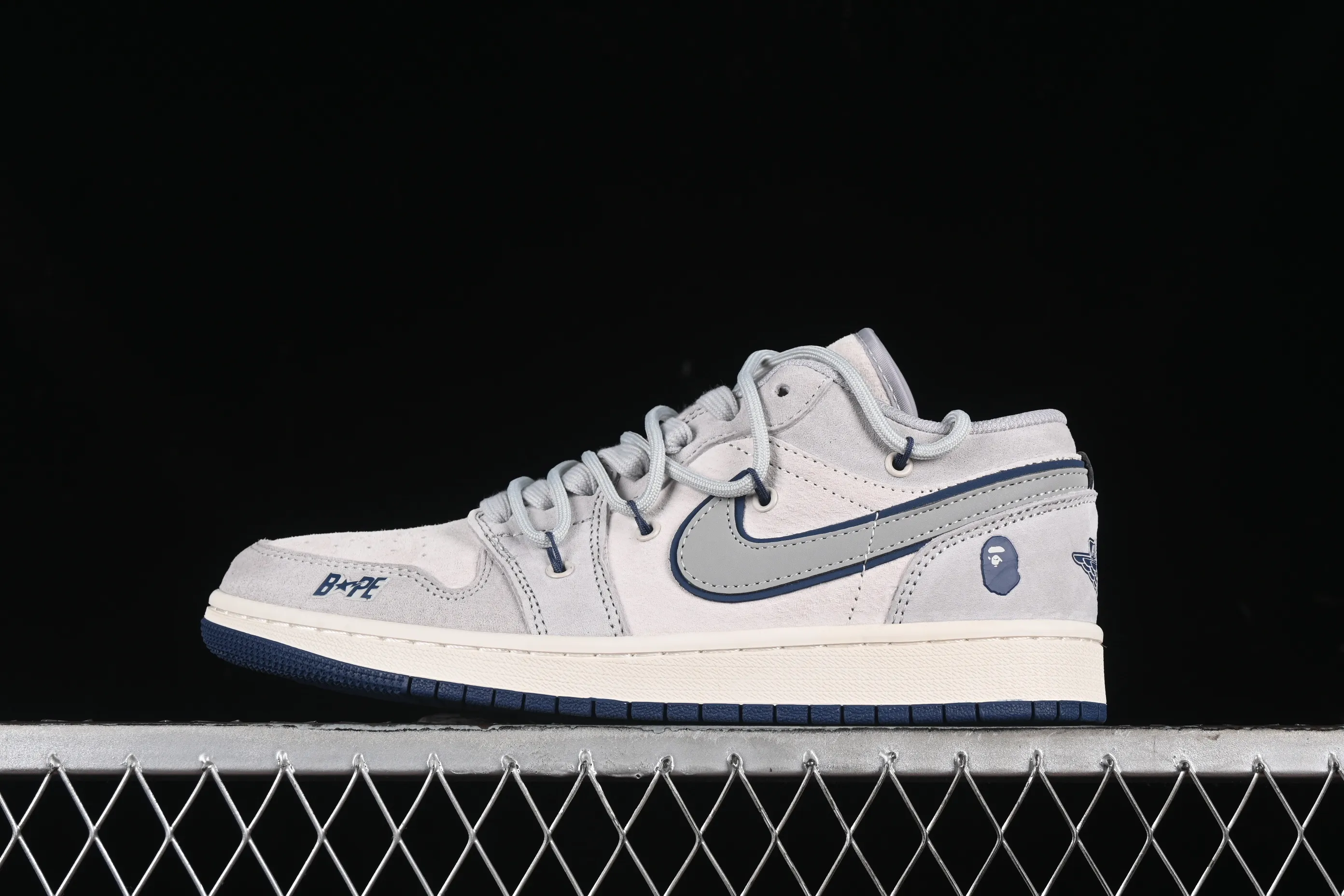 All categories Air Jordan Jordan series basketball shoes Air Jordan 1 Low High-end customized low-top sneakers Air Jordan 1 Low AJ1 Joe 1 Bape joint-grey and blue drawstring High-end customized low-top retro basketball shoes SJ9950-019